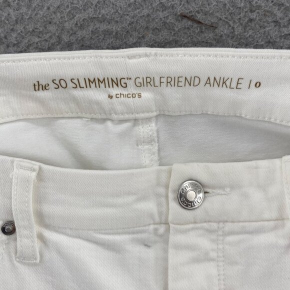 Chicos Jeans Women 0 US 4 White So Slimming Girlfriend Ankle Lace Patch Stretch - Picture 5 of 12